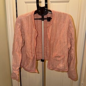 J.Crew women's pink and white cotton knit lady jacket cardigan Size L #preppy